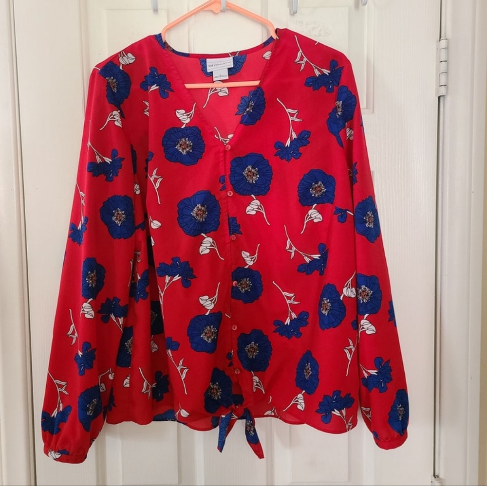 LIZ CLAIBORNE Red Blue Floral Flower Print Long Sleeve Dressy Blouse Shirt Large